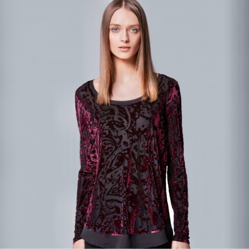 Simply Vera Wang Whimsigoth Burnout Velvet Sheer Top Blouse Black burgundy XL